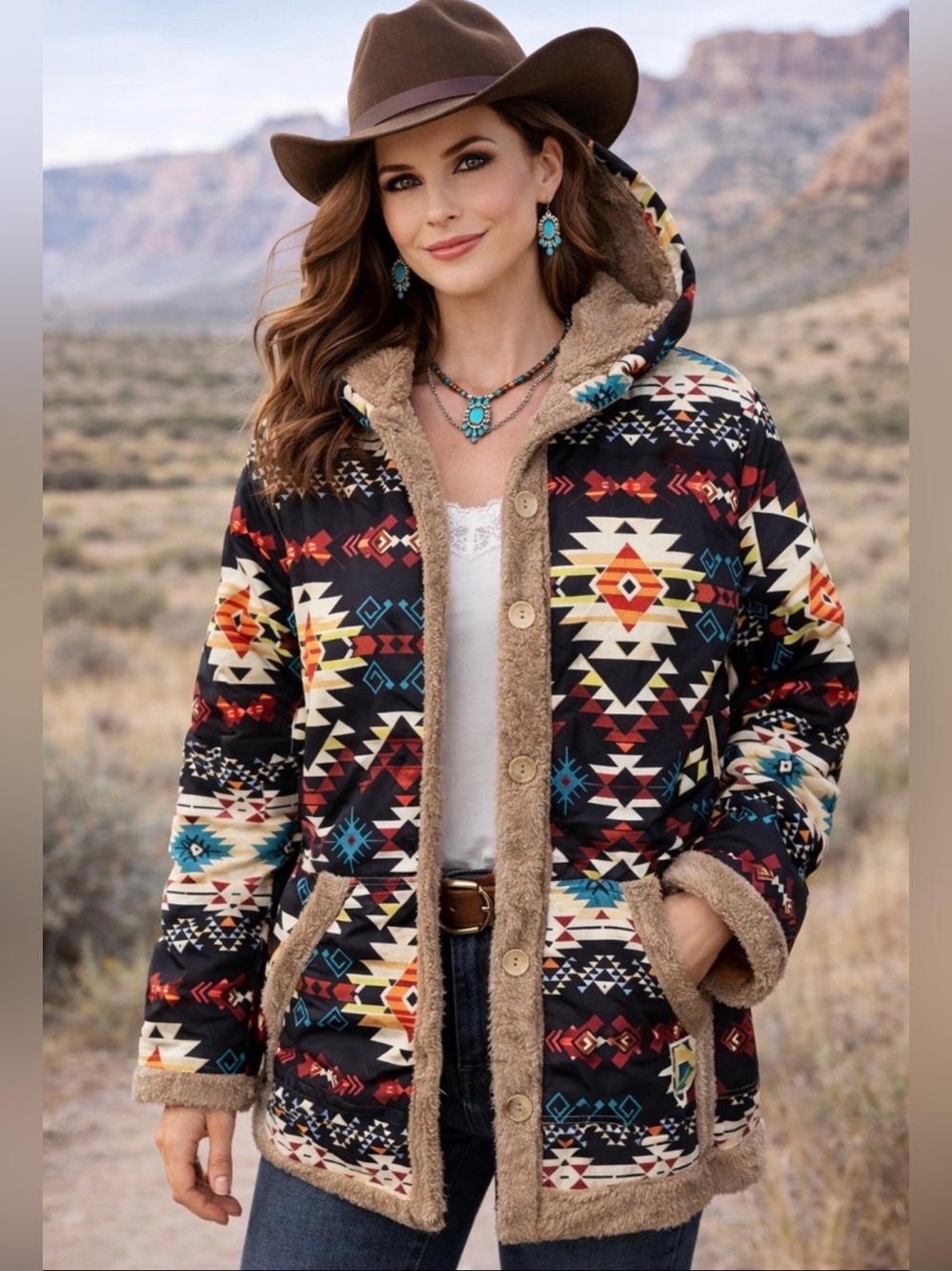 Southwestern Aztec Coat Jacket Women Small Faux Fur lined Tribal Parka Pockets